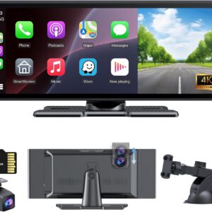 Pantalla portátil inalámbrica de 10,26″ con CarPlay y Android Auto, dashcam frontal 4K y trasera 1080P, Mirror Link, grabación en bucle, audio Bluetooth, FM, GPS y Siri
