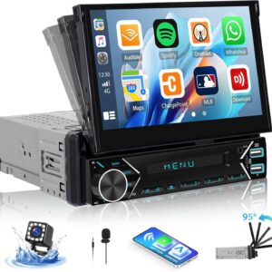 Radio CAMECHO 1 DIN con CarPlay inalámbrico y Android Auto, pantalla táctil motorizada de 7″, Mirror Link, FM, USB, Type-C, AUX, micrófono y cámara