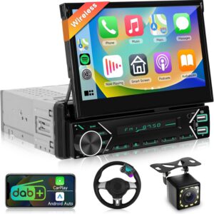 Radio 1 DIN DAB+ con CarPlay inalámbrico y Android Auto, pantalla retráctil automática de 7″, Bluetooth, control de volante, Mirror Link, EQ, USB-C y cámara trasera