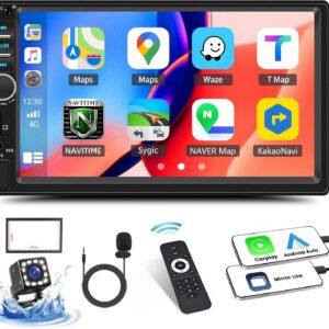 Radio CAMECHO 2 DIN con Apple CarPlay y Android Auto, pantalla táctil de 7″, Bluetooth, Mirror Link, SWC, FM, AUX, USB, Siri, cámara trasera y micrófono