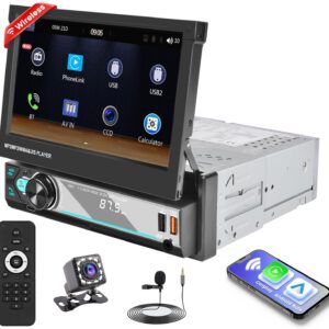 Radio Hikity 1 DIN retráctil con pantalla táctil de 7″, CarPlay inalámbrico, Android Auto, Bluetooth manos libres, Mirror Link, AUX-in, FM, USB, EQ, SWC, TF y cámara trasera