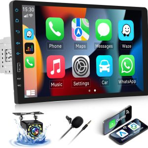 Radio SIXWIN 1 DIN con CarPlay inalámbrico, Bluetooth, pantalla táctil de 9″, manos libres, FM, Android Auto, MirrorLink, carga rápida, Bluetooth/USB/AUX y cámara
