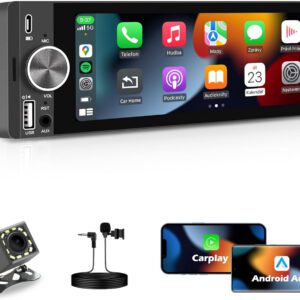 Radio de coche con pantalla, tamaño 1 DIN, CarPlay y Android Auto inalámbricos, pantalla táctil de 6,28″, Bluetooth, MirrorLink, controles de volante y cámara trasera