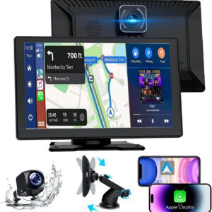 Pantalla de coche de 9″ con CarPlay para Apple y Android, cámaras delantera y trasera HD 1080P, navegación GPS, Bluetooth 5.2, control de voz manos libres, Mirror Link, AUX y FM