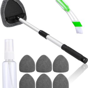 Limpiador de parabrisas para coche con 6 almohadillas de microfibra y botellas pulverizadoras, kit limpiaparabrisas interior con mango extensible y giro 180°, gris