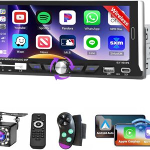 Radio Hikity 1 DIN con CarPlay y Android Auto inalámbricos, pantalla táctil de 6,9″, Bluetooth, Mirror Link, cámara trasera, FM, USB, SWC, micrófono y mando