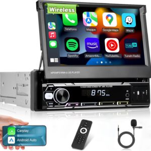 Radio 1 DIN con pantalla, CarPlay inalámbrico y Android Auto, pantalla táctil HD abatible de 7″, GPS, Mirror Link, SWC, FM/AM/RDS, AUX, USB, U Disk y micrófono
