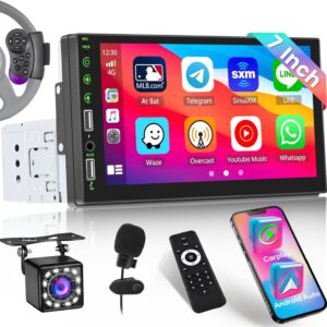 Radio 1 DIN CarPlay con micrófono, cámara trasera y mandos, pantalla táctil de 7″, Bluetooth, Android Auto, Mirror Link, FM, USB y SWC