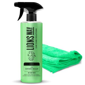 LionsWay tratamiento cerámico hidrofóbico para coche con sellador premium de sílice, pulido de alto brillo, protección duradera y efecto repelente de lluvia para carrocería y cristales, 500 ml + paño