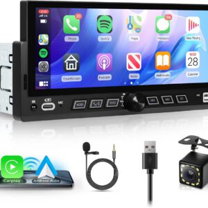 Radio 1 DIN con CarPlay y Android Auto, pantalla táctil de 6,86″, Bluetooth, Mirror Link, FM/RDS, USB Type-C, EQ y cámara trasera