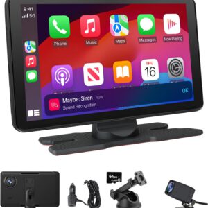 Pantalla AWESAFE de 9″ para coche con CarPlay/Android Auto/MirrorLink inalámbricos, reproductor táctil compatible con dashcam 4K, cámara trasera, Bluetooth, USB, SD, FM y control por voz