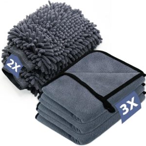 Kit de limpieza de coche con 3 paños de microfibra y 2 guantes de microfibra, paño de secado extra absorbente 600 gsm, para moto y coche, 40 x 30 cm