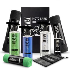 LionsWay kit de limpieza de moto 5 en 1, lavado en seco con cera carnauba, desengrasante todo en uno, limpiador de casco, restaurador de plásticos y paño de microfibra