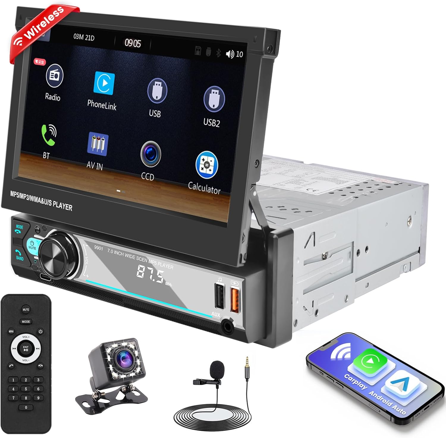 Hikity 1 Din Car Radio Retractable Touch Screen 7 Inch Car Radio Wireless Carplay Andriod Auto Bluetooth Hands Free Mirror Link AUX-in FM USB EQ SWC TF + Rear View Camera - Image 2