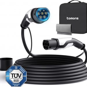 tomons Cable de Carga Coche Electrico Tipo 2, 22 KW 32A Electricidad Trifásica 5M, para EVs y PHEVs, Compatible con Modelo S/X/Y/3, ID.3, ID.4, E-Tron, ZOE, Kona, I3, con CE/TUV, EV1001