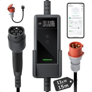 dé Mobile Wallbox 11kW con App, Cable de Carga Tipo 2 15m, trifásico 6–16A, Cargador para Coche eléctrico CEE 16A 400V con Potencia Ajustable, para ID.3/4/5/7, iX1, Model 3/Y y Otros EV/PHEV