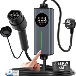 GONEO Cargador Coche electrico Tipo 2 schuko monofásico 16A 3,68kw 5M | Sensor de Temperatura y Tierra detección | AC 30mA+DC 6mA Protección | Tiempo y Corriente Ajustables,estación de Carga portátil