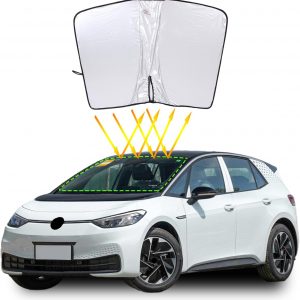 Parasol para parabrisas de coche con bolsa de almacenamiento compatible con Volkswagen ID.3 2019-2024 210T poliéster reflectante parasol plegable para protección solar y aislamiento térmico