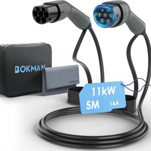 bokman EV Cable de Carga Tipo 2, Modo 3 /16A / 11kW / Trifásico / 5 Metros, Cable de Carga Rápida Híbrido Enchufable para Vehículo Eléctrico Tipo 2 a Tipo 2