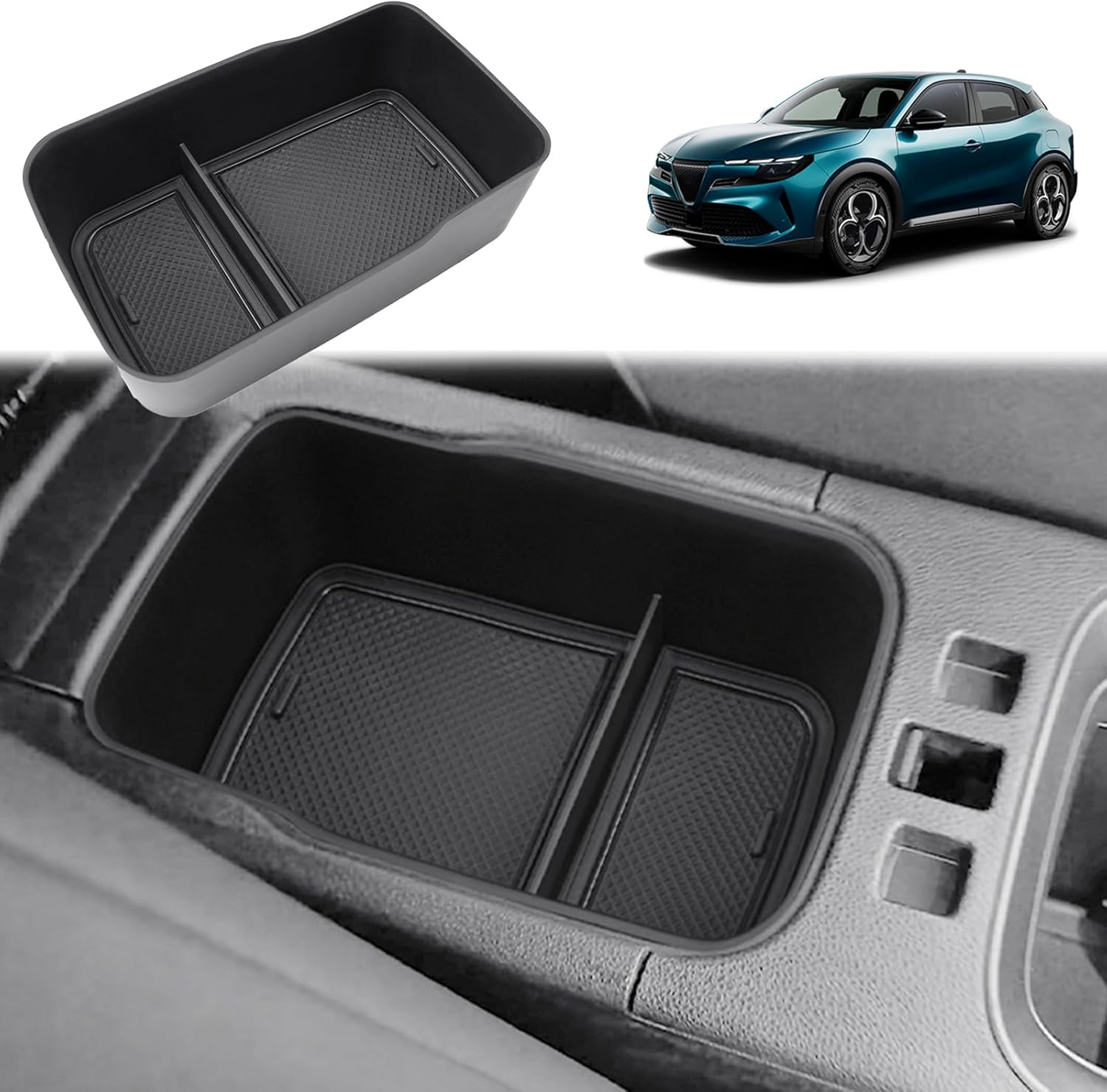 GAFAT Compatible con Alfa Romeo Junior 2025 2026 Caja de Almacenamiento Consola Central, Romeo Junior Hybrid Reposabrazos Organizador Estante, con Alfombrillas Goma, Romeo Junior Accesorios 2025