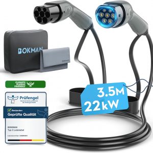 bokman EV Cable de Carga Tipo 2, 22kW / 32A / Trifásico / 3 Metros/Modo 3, Cable de Carga Rápida Híbrido Enchufable para Vehículo Eléctrico Tipo 2 a Tipo 2