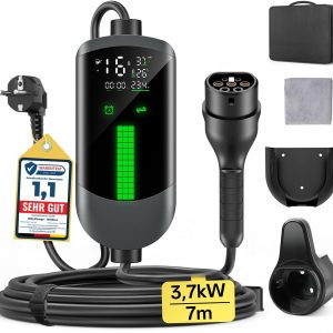 Cargador Coche Electrico Wallbox 3,7kW – 7M/6-16A Monofasico Cable carga coche electrico, Cargador Tipo 2 EV Charger Portátil, LCD Pantalla, Controlable, IP65, para Mayoría EVs(IEC 62196-2) & PHEVS