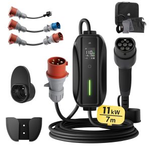 Cargador EV 11kW, Cargador Coche Electrico 16a [3-Fase | 7m| 6-16 A] con Kit de Viaje, CEE 16 A a Tipo 2, EV para Model Y/3, ID.3/4/5, MG4, EX30, e-up, e-Tron, Zoe y Otros EV