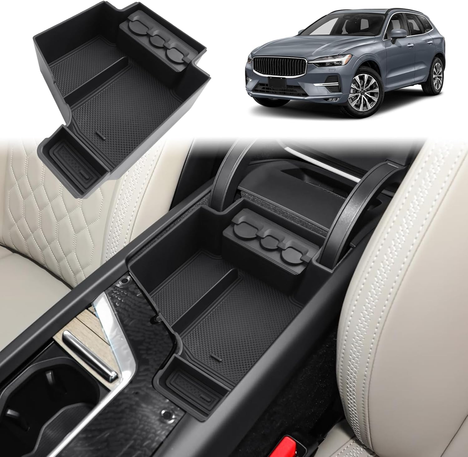 GAFAT Compatible con Volvo XC60 XC90 V60 S60 V90 S90 2017-2026 Facelift Caja de almacenamiento para la consola central, Organizador de apoyabrazos XC60 2026, con caja de monedas de 3 orificios XC60