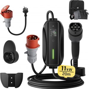 Cargador EV 11kW, Cargador Coche Electrico 16a [3-Fase| 20m| 6-16A] dé con Potencia de Carga Ajustable, estación de Carga móvil/Wallbox para Model 3/Y ex30, e-Tron y Otros EV/PHEV