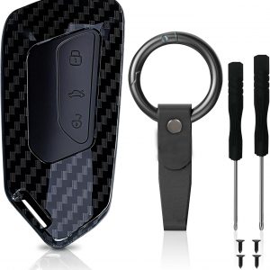 Funda Llave Coche en Fibra de Carbono Compatible VW Golf 8, ID3, ID4, e-Golf, Seat Leon MK4, Skoda Octavia, Cupra Formentor – Cubierta 3 Botones con Llavero, Resistente y Elegante