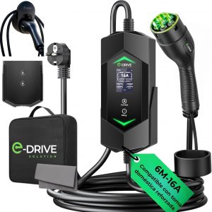 Cargador de coche eléctrico portátil 6-16A con pantalla LCD + salida diferida + soporte y cable tipo 2 – Compatible con enchufe Green up & Skudo – Marca francesa E-Drive Solution