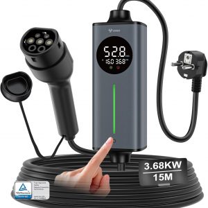 GONEO cargador coche electrico tipo 2 schuko 16A 3,68kw monofásico 15M | AC 30mA+DC 6mA Protección | sensor de temperatura y tierra detección | tiempo y corriente ajustables,estación de carga portátil