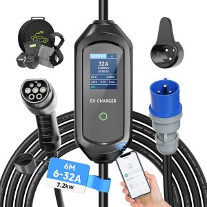 Cargador de coche eléctrico (7,2 kW, 6/8/10/13/16/20/24/32 A, corriente conmutable, cable de carga de coche eléctrico con bolsa, IEC 62196-2, tipo 2, 6 m)