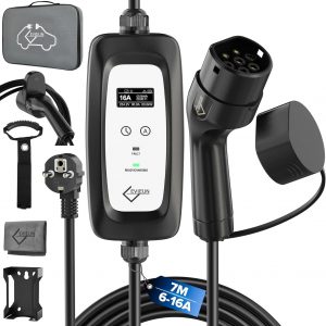 Cargador Coche Eléctrico, 3.6 kW 7 M 6-16A con Pantalla Digital | EV Cargador Tipo 2 con Enchufe Schuko | Compatible con ID.3/ID.4, Model 3/Y, ZOE, e-208, Spring y Otros BEV/PHEV | IEC 62196-2