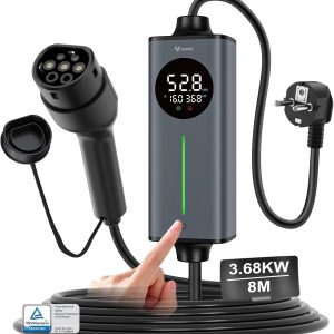 GONEO Cargador Coche electrico schuko Tipo 2 monofásico 16A 3,68kw 8M | Sensor de Temperatura y Tierra detección | AC 30mA+DC 6mA Protección | Tiempo y Corriente Ajustables,portátil estación de Carga