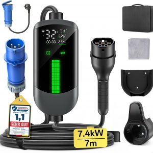 Cargador Coche Electrico Wallbox 7,4kW – 7M/6-32A Monofasico Cable Carga Coche Electrico, Cargador Tipo 2 EV Charger Portátil, LCD Pantalla, Controlable, IP65, para Mayoría EVs(IEC 62196-2) & PHEVS