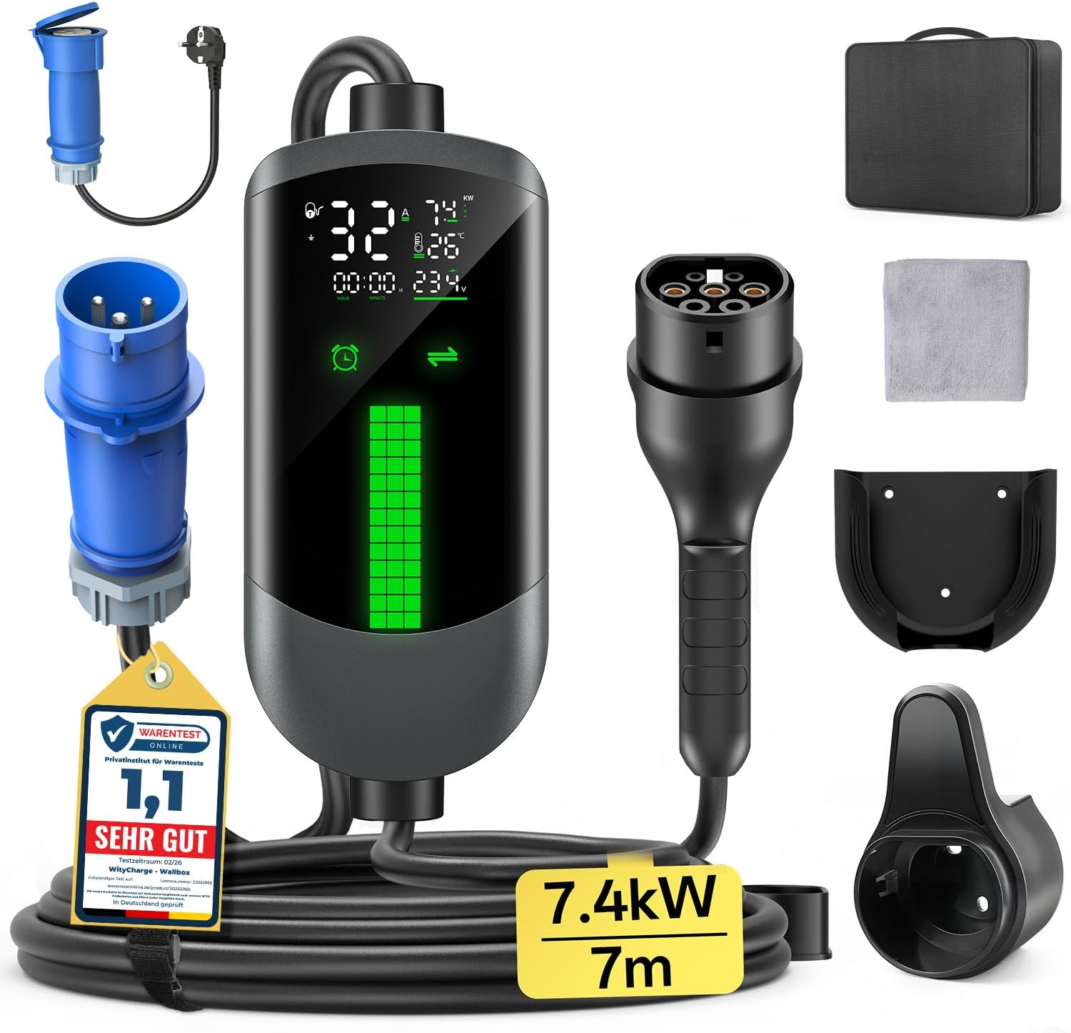 Cargador Coche Electrico Wallbox 7,4kW – 7M/6-32A Monofasico Cable Carga Coche Elect