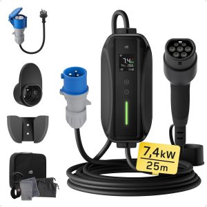 dé Cargador Coche Eléctrico 7,4kW, 32A[25m, 6-32A] con Potencia de Carga Ajustable, Estación de Carga para Model 3/Y, 500e, Spring y Otros EV/PHEV