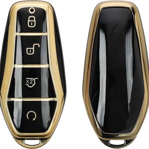 kwmobile Carcasa para Mando Compatible con BYD Atto 3 / Sealion / Han / Tang / Dolphin / Seal – Funda para Llaves de Coche de TPU con Botones – Negro / Dorado
