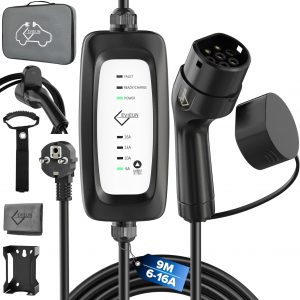 Cargador Coche Electrico, 3,6 kW 6-16A 9 Metros EV Cargador Tipo 2 con Enchufe Schuko | Controlable con ID.3/ID.4, Model 3/Y, ZOE, e-208, Spring y Otros BEV/PHEV | IEC 62196-2
