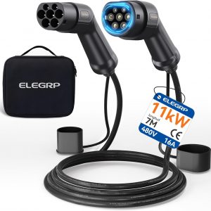 ELEGRP Cable de Carga Tipo 2, 11 kW, 7 m, 16 A, 3 Fases, Tipo 2 Modo 3, Cable de Carga para Coche eléctrico EV/PHEV con Bolsa de Transporte, Adecuado para Modelos S/3/X/Y, VW ID.3 ID.4 e-Golf y Otros