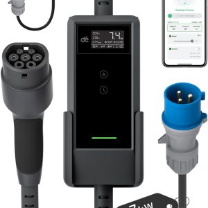 dé Cargador Coche Electrico 7,4kW App [20m, Monofásico, 6A-32A] Cargador de Coche Electrico 7kW 32A con Arranque Remoto y Potencia Ajustable, para Model Y, EV3, Dolphin Surf y Otros BEV/PHEV
