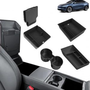 [5 PZS] GAFAT 2025 2026 Tesla Model Y Juniper (Solo Premium & Performance) Cajas de Almacenamiento, 2 Organizadores de Flocado, 1 Portavasos, 1 Bandeja Inferior Consola Central TPE, 1 Caja Oculta