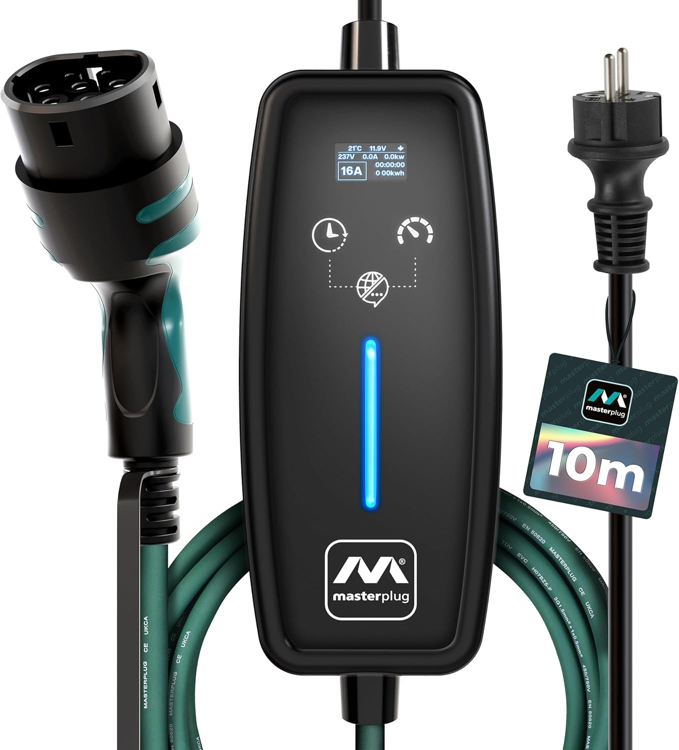 Masterplug Cable de Carga VE para Vehículos Eléctricos e Híbridos, 10 Metros, Modo 2, Enchufe Schuko de 3 Pines EU a Cargador de Coche Tipo 2, 3,6kW, 16A, EVCM221610G/EU