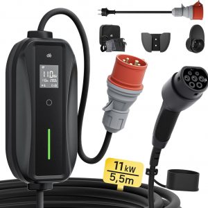 dé Cargador EV 11kW, Cargador Coche Electrico 16a [3-Fase| 5,5m| 6-16A] Potencia de Carga Ajustable, estación de Carga móvil/Wallbox para Model 3/Y, MG4, EX30, e-Tron, Otros EV/PHEV