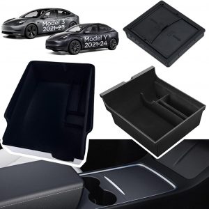 [3 piezas] para accesorios Tesla Model 3 Y 2023 2022-21 Bandeja organizadora de consola central Caja de almacenamiento flocada,reposabrazos Cajón oculto para dinero en efectivo,vidrio,monedas,teléfono