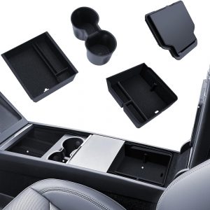 4 accesorios para Tesla Model Y 2025-2026 Juniper Organizador de consola central, caja de almacenamiento para reposabrazos, caja oculta y soporte para bebidas (flocado)