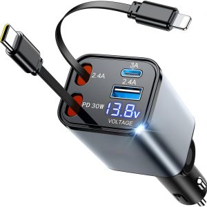 Cargador Móvil Coche para Cupra Tavascan, Estación 4 en 1, Pantalla Voltaje Digital, Adaptador Rápido con Cables Retráctiles