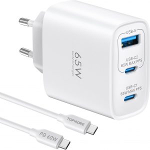 TOPADRE Cargador USB C 65W, 3-Ports Cargador Carga Rápida con 1M 60W Cable