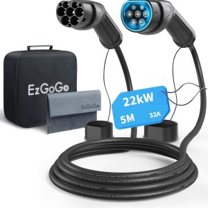 Ezgogo Cable de Carga Tipo 2 EV, 32A/22kW/Trifásico/5 Metros/Modo 3, Carga Rápida Híbrido Enchufable para Vehículo Eléctrico